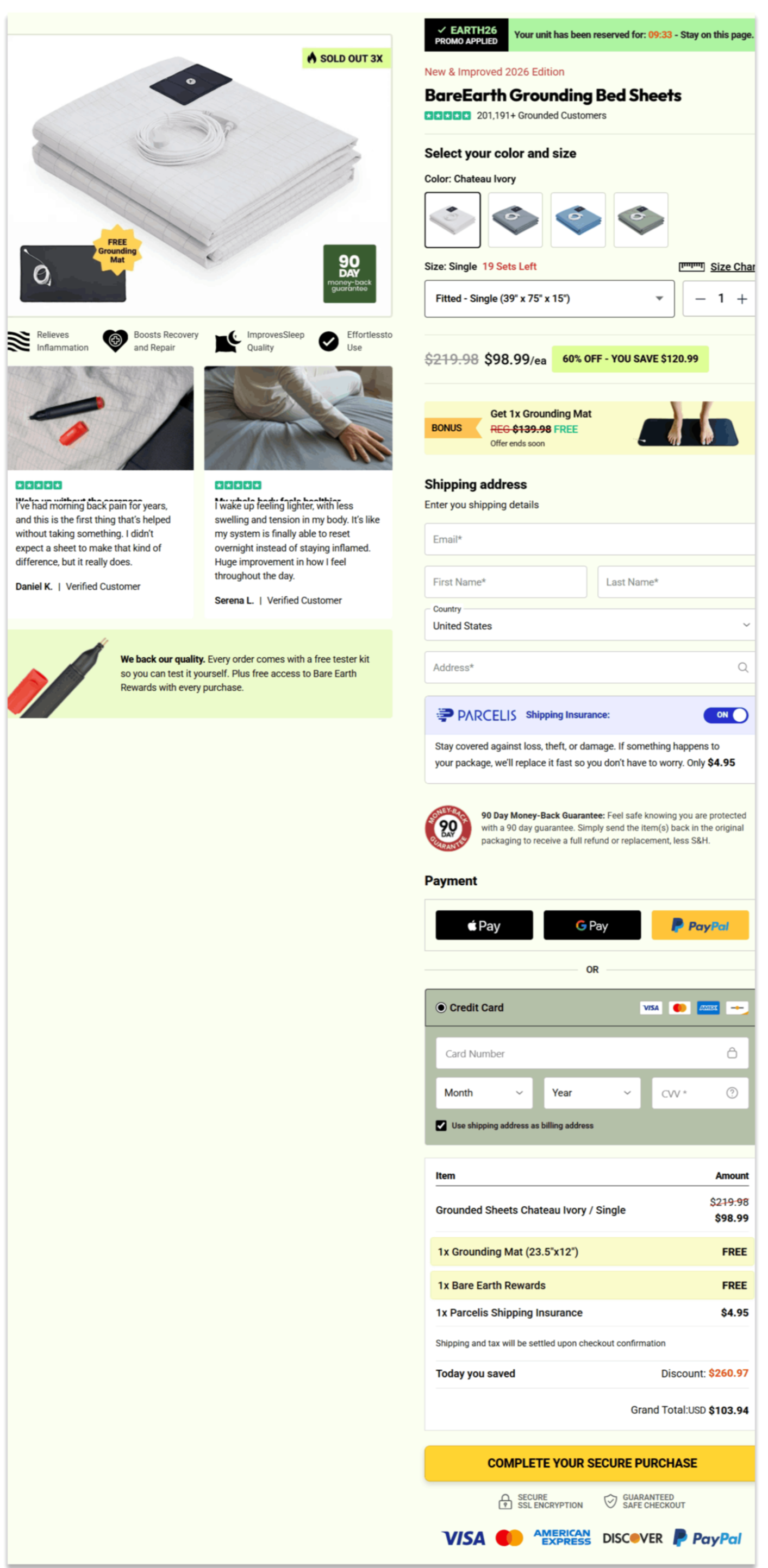 BareEarth Bed Sheets secure checkout page